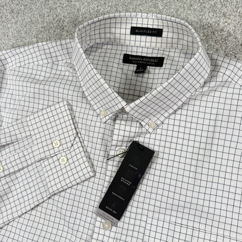 Banana Republic Dress Shirt Mens L White Tech Stretch Cotton Slim Flex Fit Check